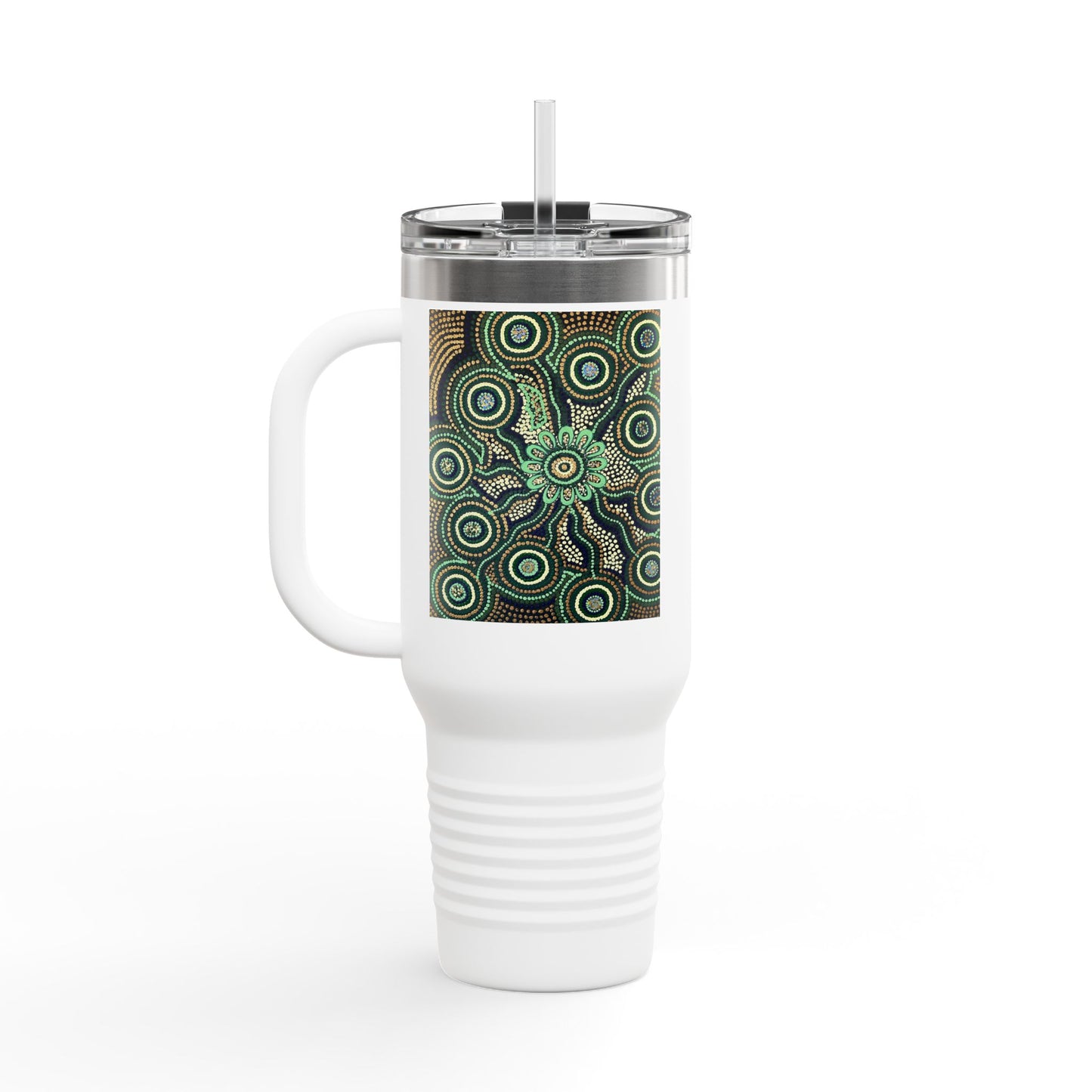 40oz Insulated Travel Mug — Green Mandala Dot Pattern