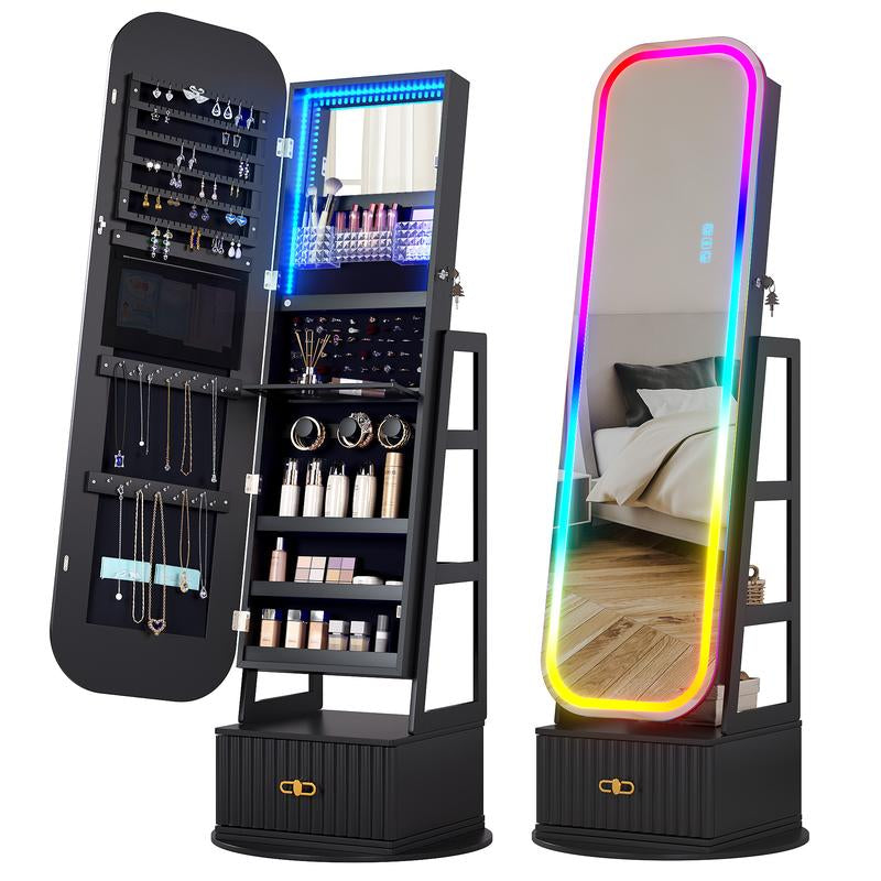 Elevate Your Space with the Miuvanity 3-In-1 360 Swivel Jewelry Cabinet - Modern Armoire with LED Light and Ample Storage