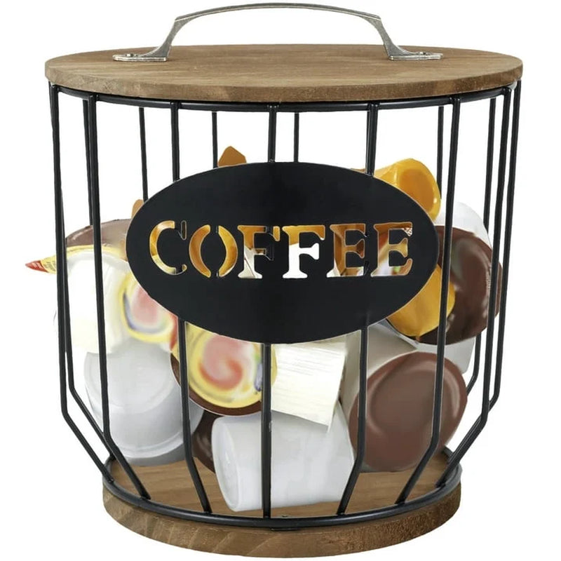 Stylish Black Wire Coffee Capsule Organizer with Wooden Base - Large Capacity K Cup Holder for Your Coffee Bar