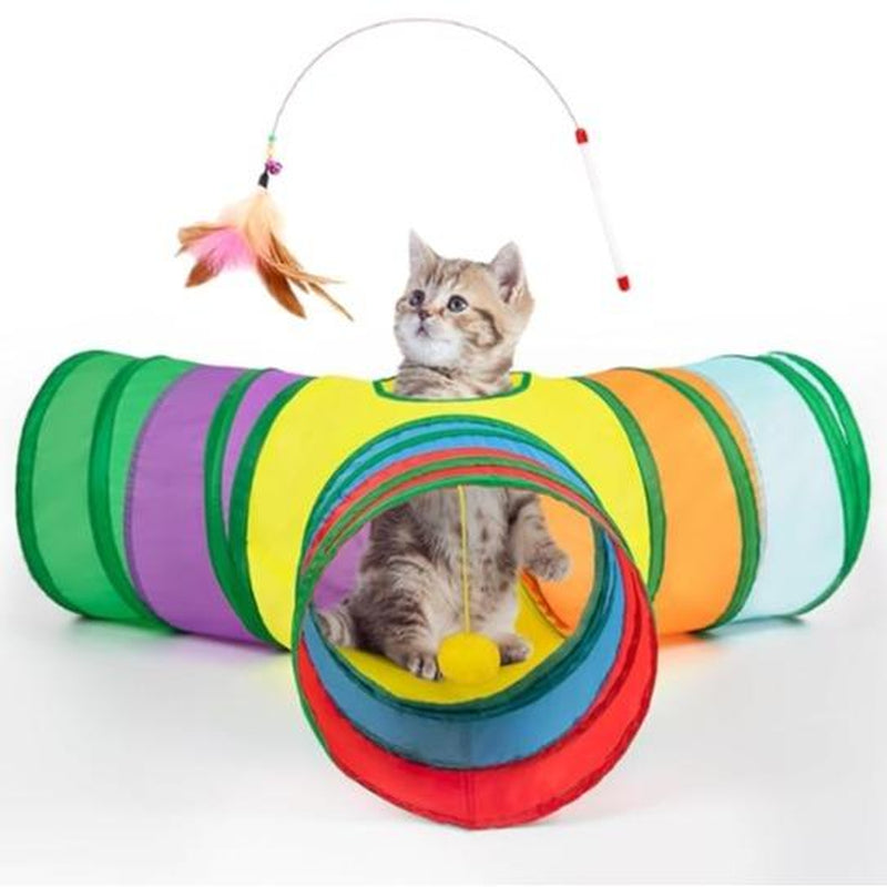Exciting 3-Way Collapsible Cat Tunnel with Peek Hole and Toy Ball - Perfect for Kittens and Small Pets!