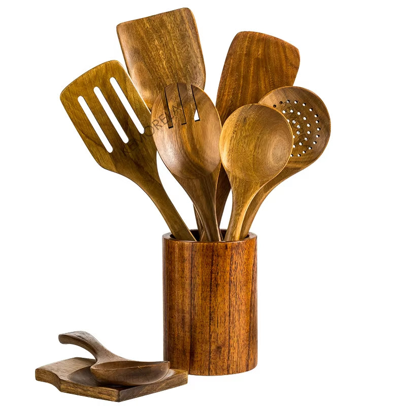 Elevate Your Cooking Experience with Our 9-Piece Eco-Friendly Teak Wooden Utensil Set, Complete with Stylish Holder