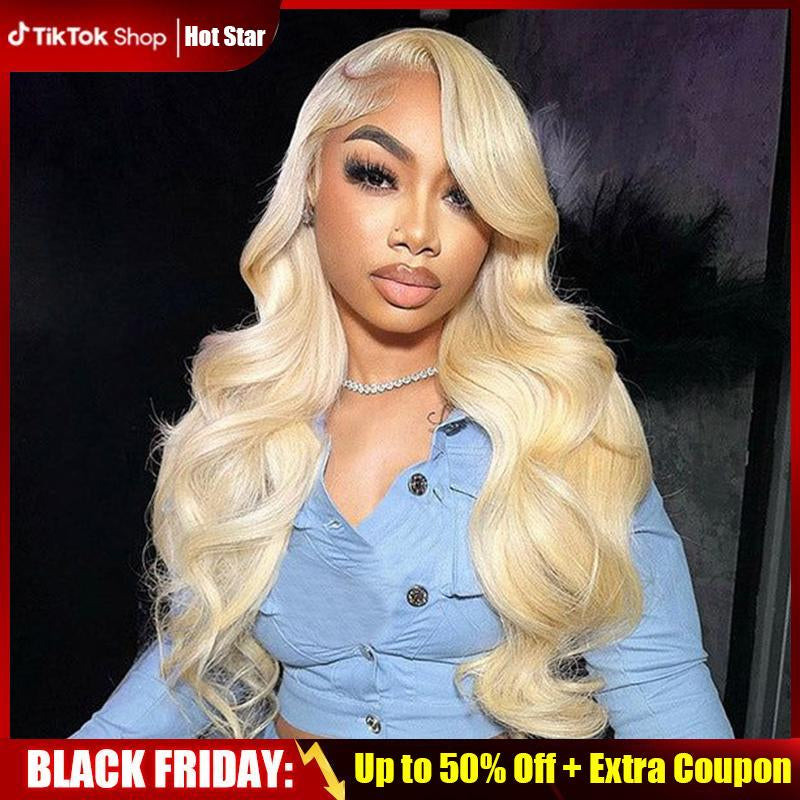 Unleash Your Glam with Hot Star 613 Blonde Body Wave Wigs - 180% Density, HD Transparent Lace Frontal!
