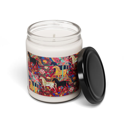 Horse Garden Soy Candle — 9oz Scented Jar with Colorful Equestrian Floral Design