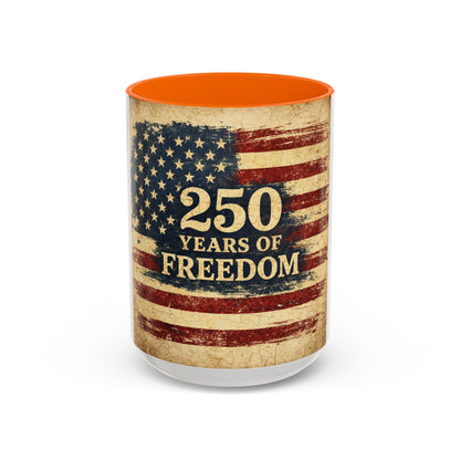 250 Years of Freedom Coffee Mug — Vintage American Flag Accent Mug (11/15oz)