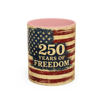 250 Years of Freedom Coffee Mug — Vintage American Flag Accent Mug (11/15oz)