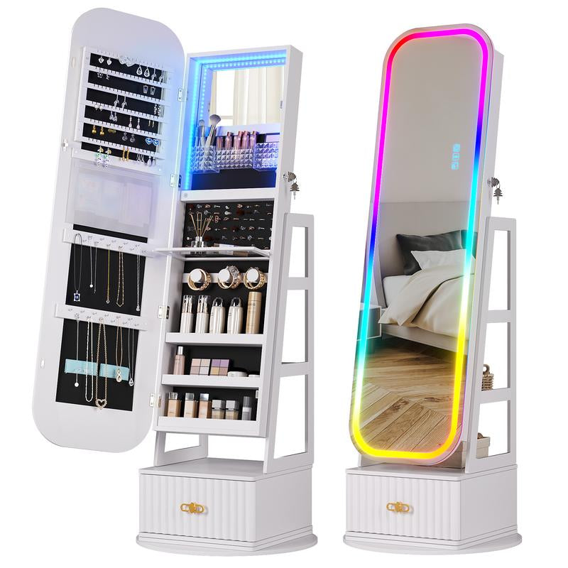 Elevate Your Space with the Miuvanity 3-In-1 360 Swivel Jewelry Cabinet - Modern Armoire with LED Light and Ample Storage