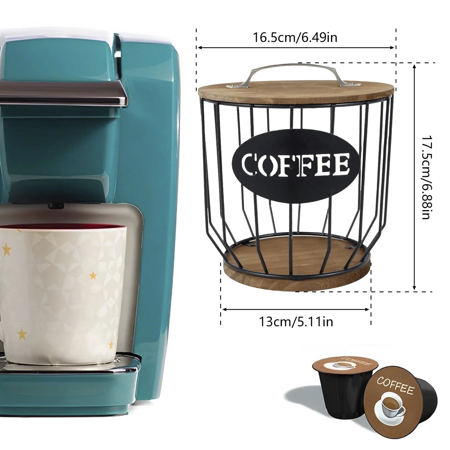 Stylish Black Wire Coffee Capsule Organizer with Wooden Base - Large Capacity K Cup Holder for Your Coffee Bar