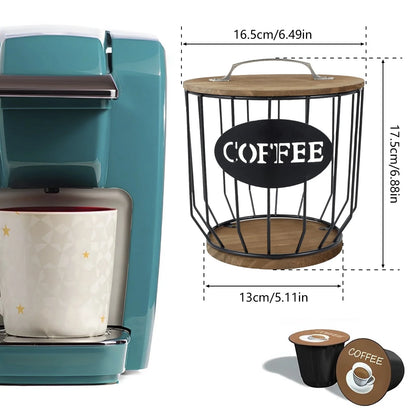 Stylish Black Wire Coffee Capsule Organizer with Wooden Base - Large Capacity K Cup Holder for Your Coffee Bar