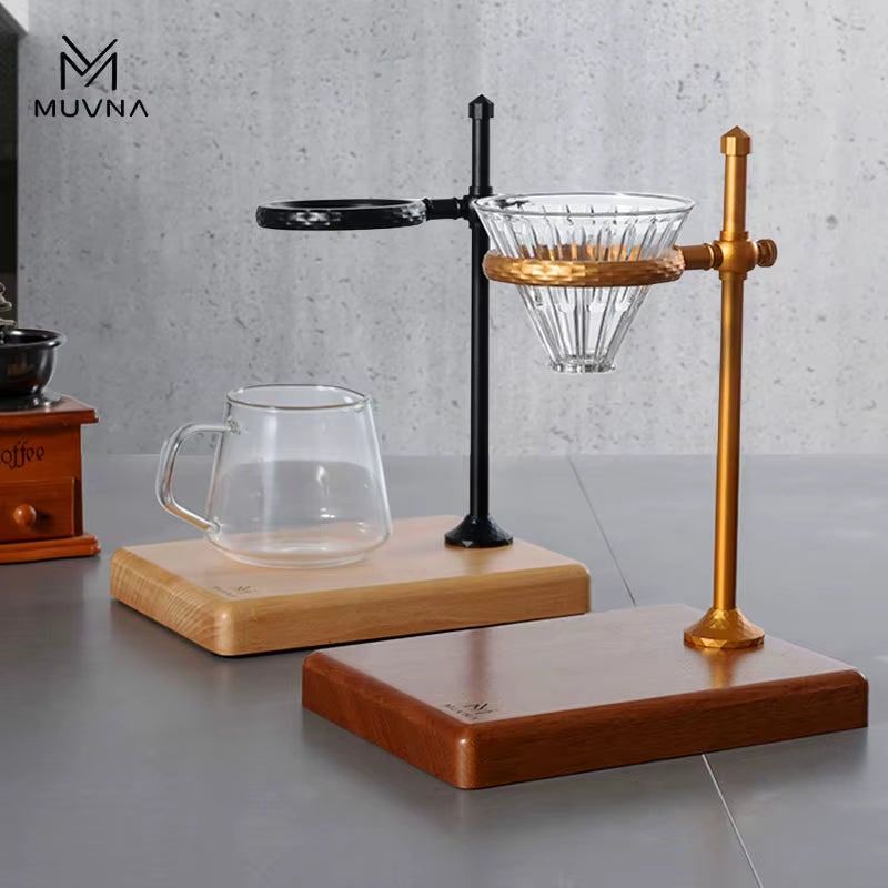 Elevate Your Brewing Experience with the Adjustable MUVNA Dripper Coffee Stand - Stylish Walnut Base in Black/Gold