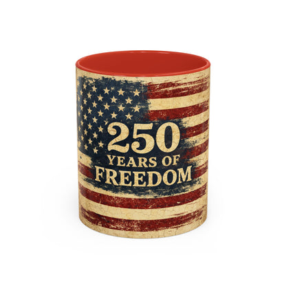 250 Years of Freedom Coffee Mug — Vintage American Flag Accent Mug (11/15oz)