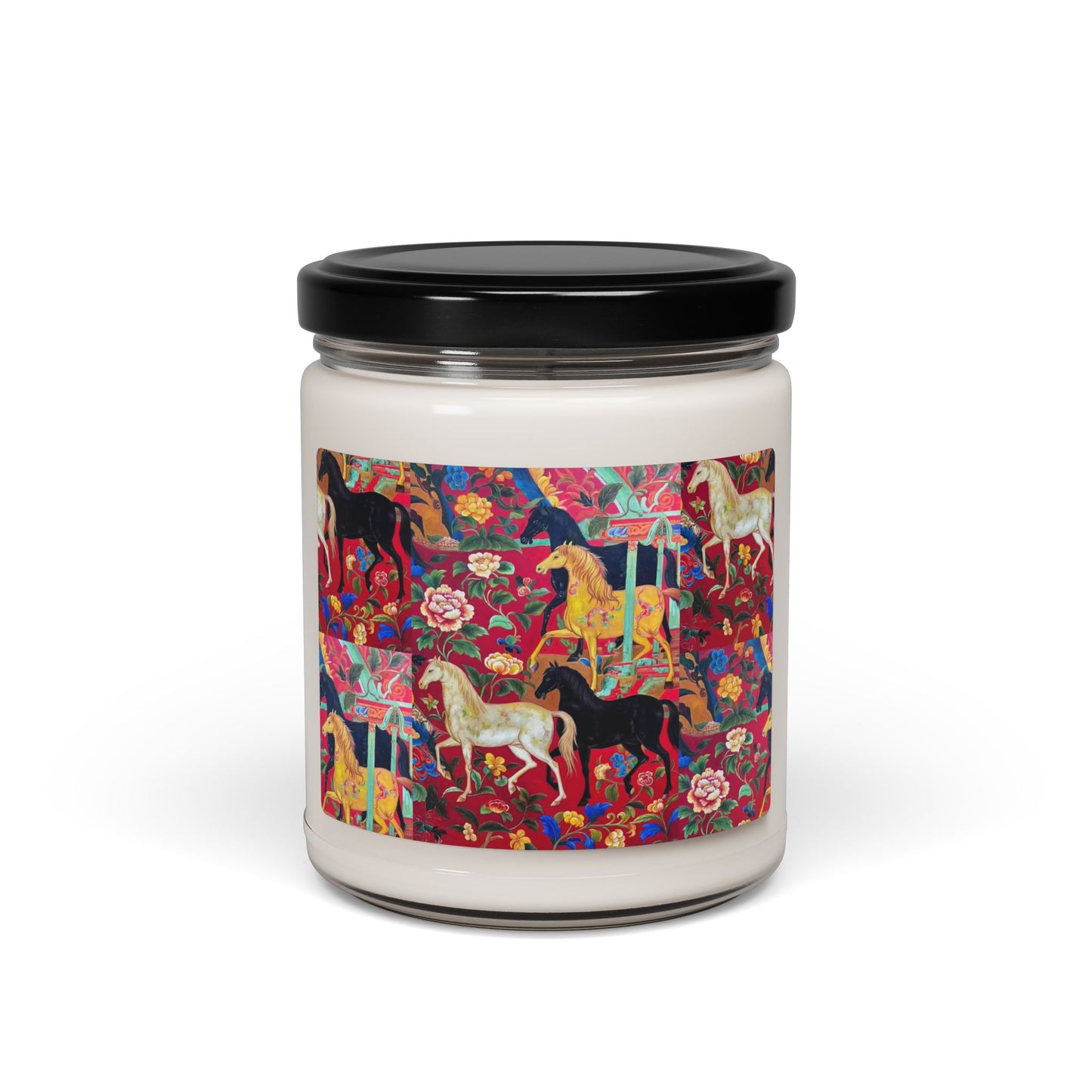 Horse Garden Soy Candle — 9oz Scented Jar with Colorful Equestrian Floral Design