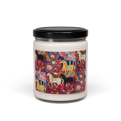 Horse Garden Soy Candle — 9oz Scented Jar with Colorful Equestrian Floral Design