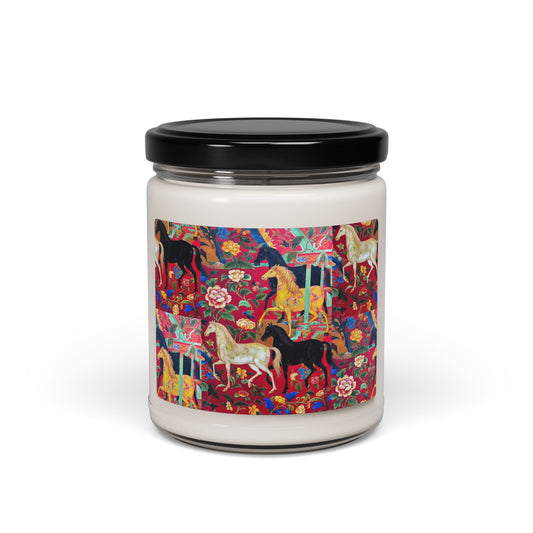 Horse Garden Soy Candle — 9oz Scented Jar with Colorful Equestrian Floral Design
