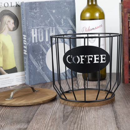 Stylish Black Wire Coffee Capsule Organizer with Wooden Base - Large Capacity K Cup Holder for Your Coffee Bar