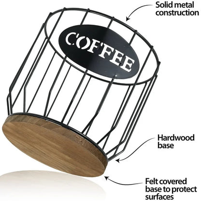 Stylish Black Wire Coffee Capsule Organizer with Wooden Base - Large Capacity K Cup Holder for Your Coffee Bar
