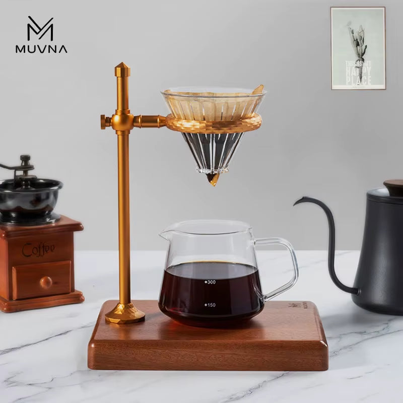 Elevate Your Brewing Experience with the Adjustable MUVNA Dripper Coffee Stand - Stylish Walnut Base in Black/Gold
