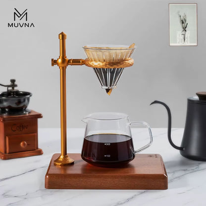 Elevate Your Brewing Experience with the Adjustable MUVNA Dripper Coffee Stand - Stylish Walnut Base in Black/Gold