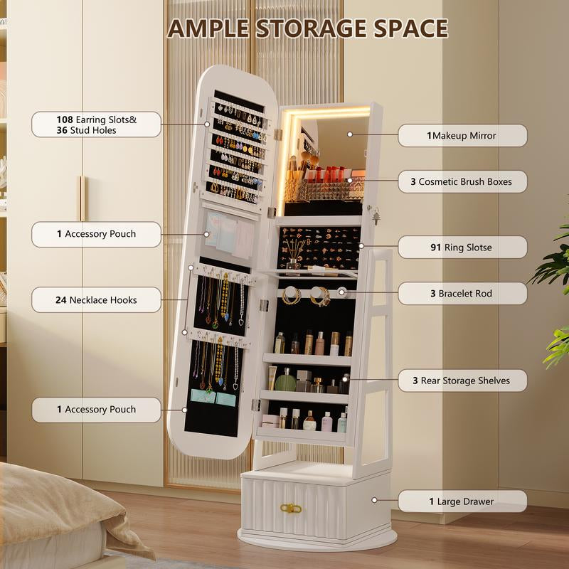 Elevate Your Space with the Miuvanity 3-In-1 360 Swivel Jewelry Cabinet - Modern Armoire with LED Light and Ample Storage
