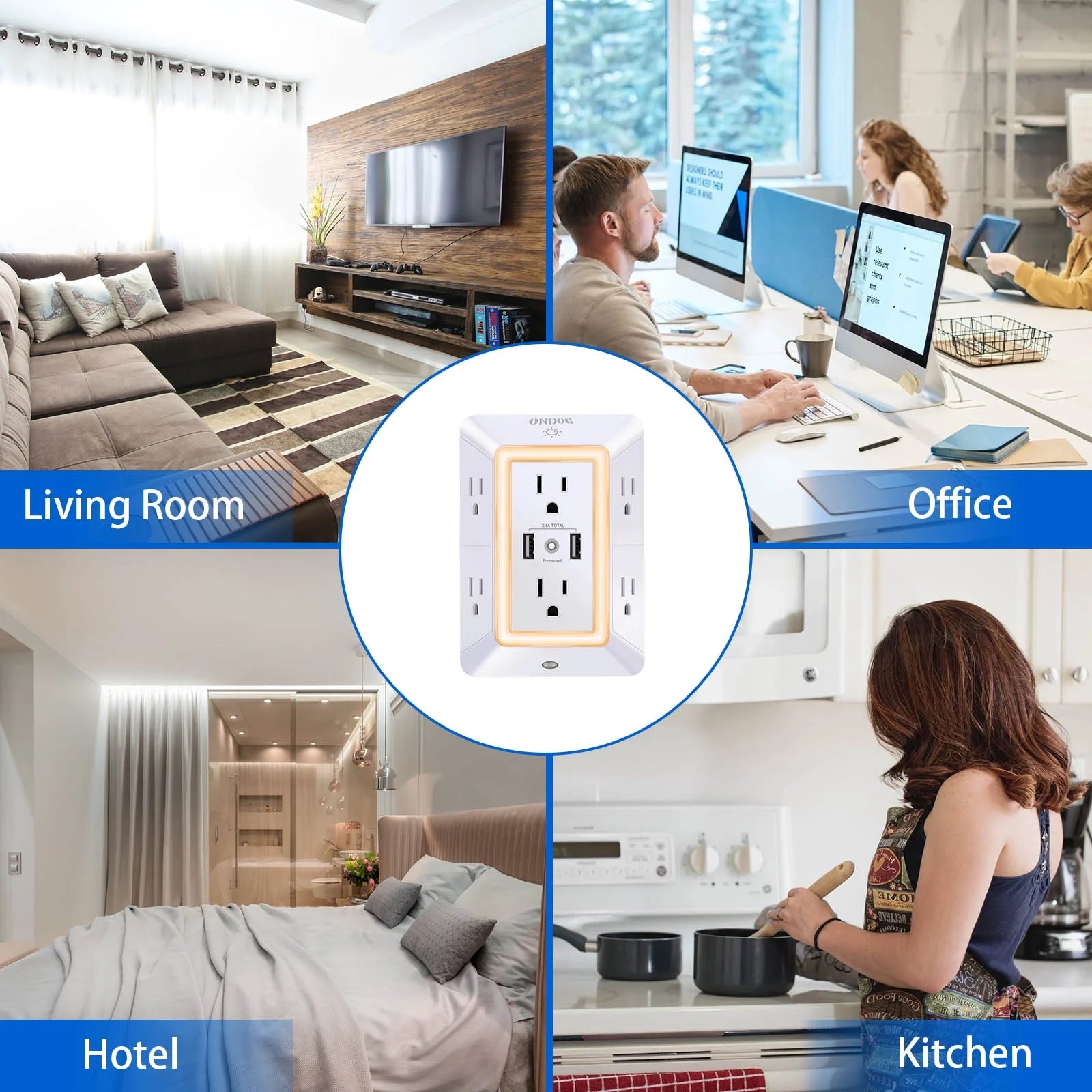 3 Sided Outlet Extender 6 Outlets with 2 USB Ports, Multi Plug Outlet Splitter for Home, Office