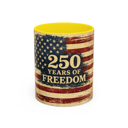 250 Years of Freedom Coffee Mug — Vintage American Flag Accent Mug (11/15oz)