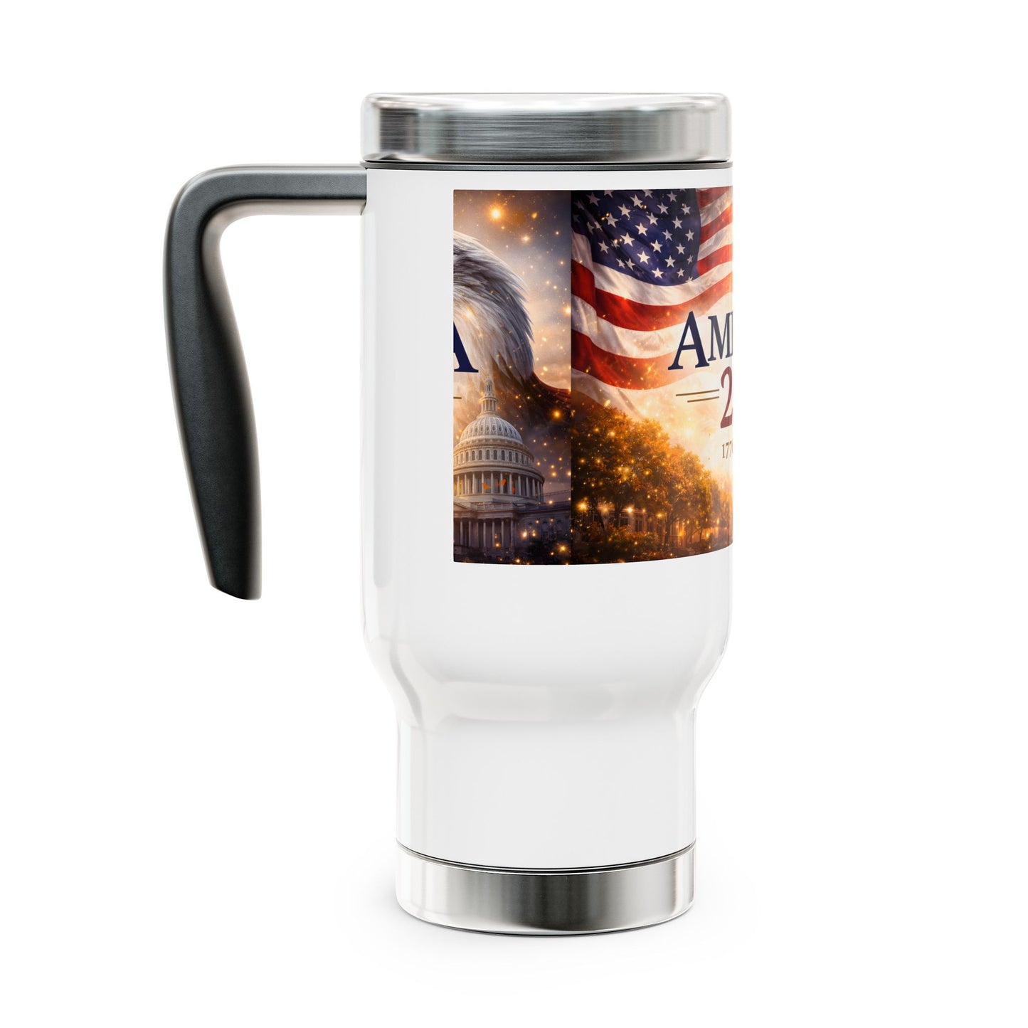 America 250 Travel Mug — 1776-2026 Patriotic Eagle & Flag 14oz Stainless Steel