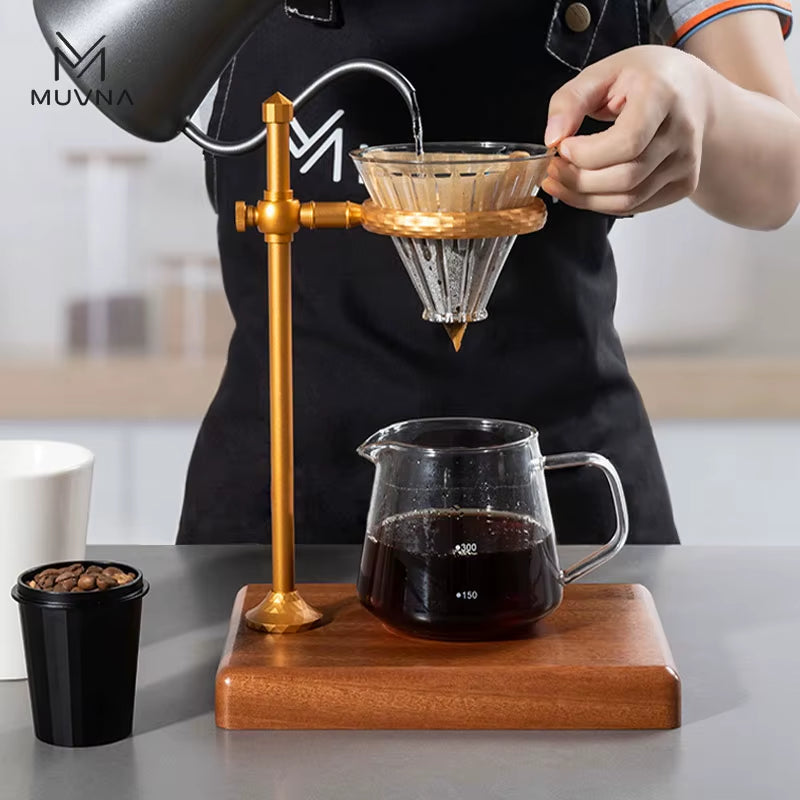 Elevate Your Brewing Experience with the Adjustable MUVNA Dripper Coffee Stand - Stylish Walnut Base in Black/Gold