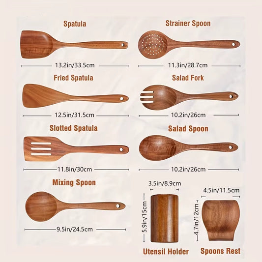 Elevate Your Cooking Experience with Our 9-Piece Eco-Friendly Teak Wooden Utensil Set, Complete with Stylish Holder