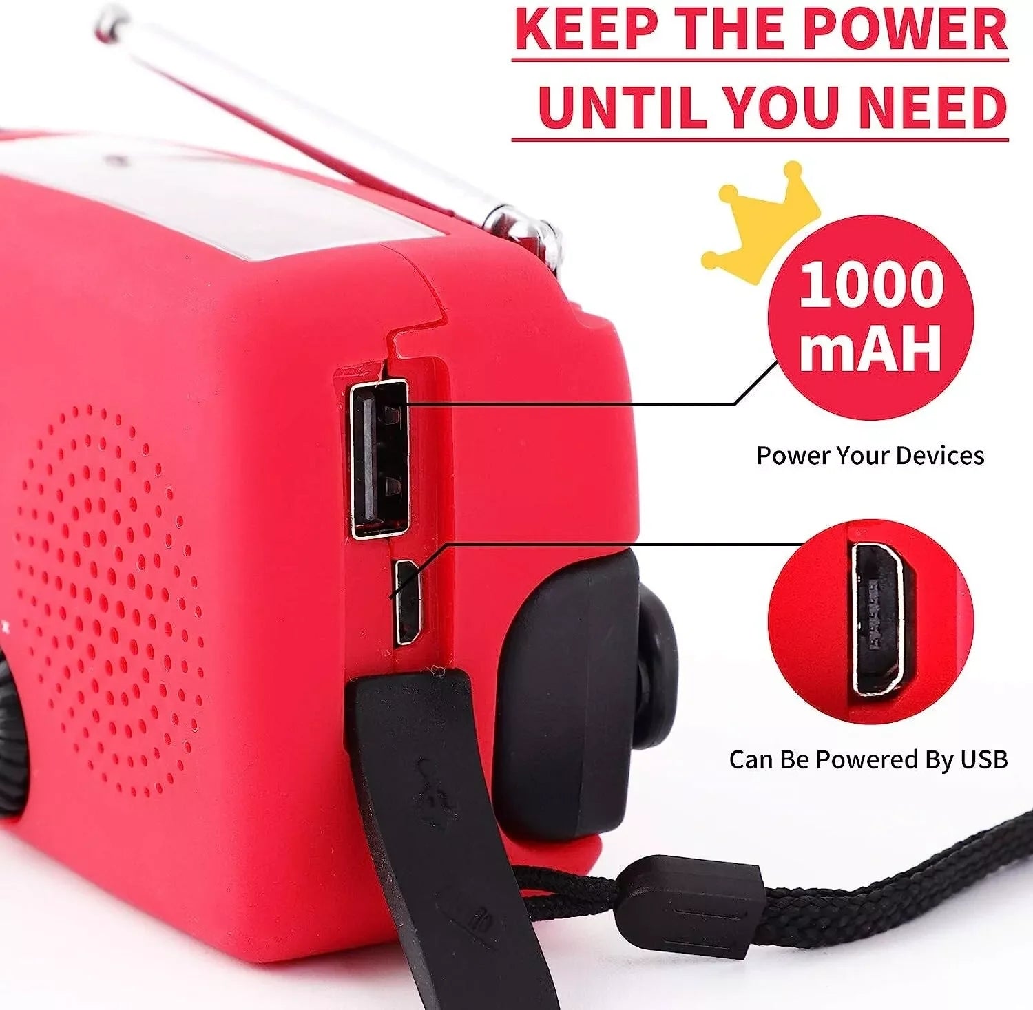 Emergency Radio with Crank, Solar Power, 1000mAh Power Bank and Flashlight - Essential Survival Gear