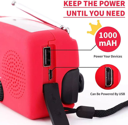Emergency Radio with Crank, Solar Power, 1000mAh Power Bank and Flashlight - Essential Survival Gear