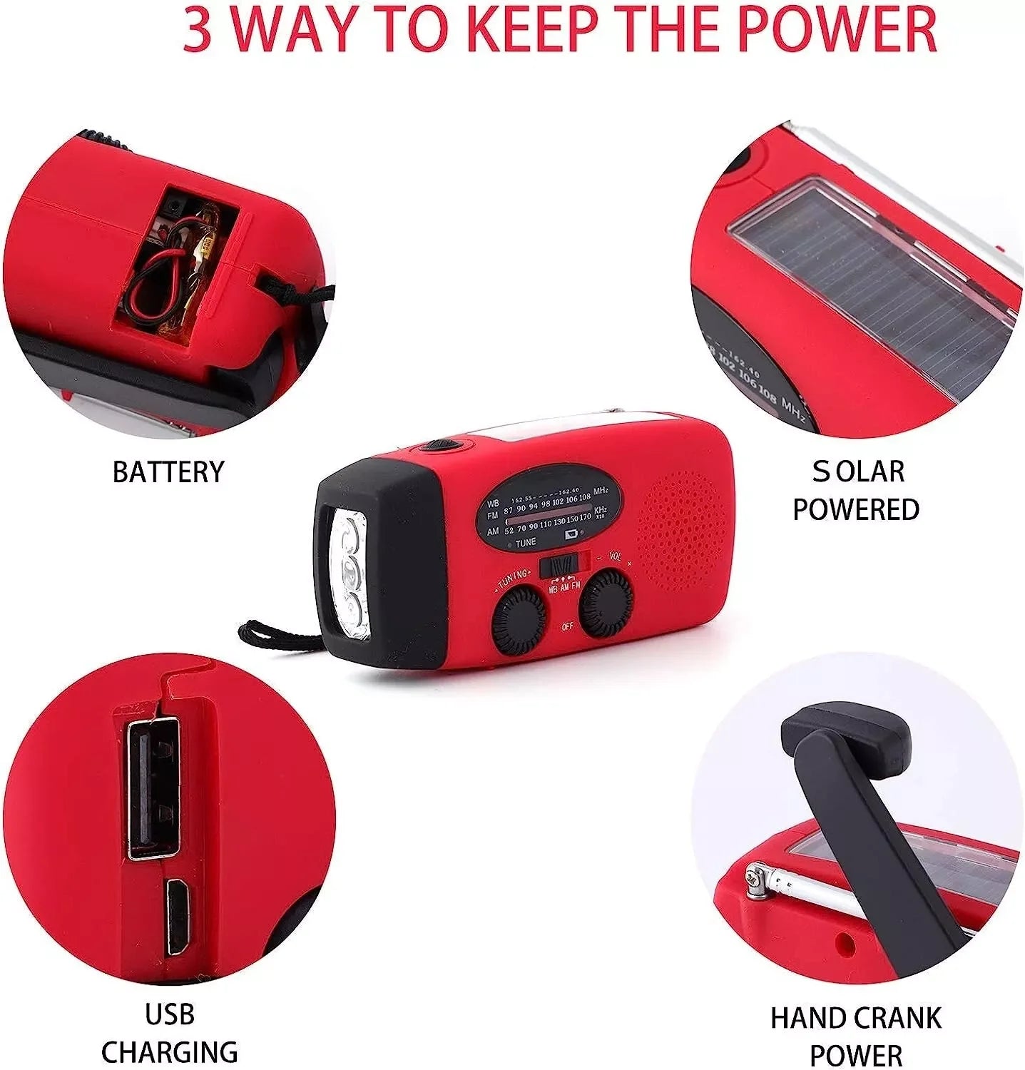 Emergency Radio with Crank, Solar Power, 1000mAh Power Bank and Flashlight - Essential Survival Gear