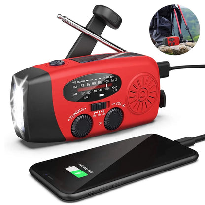 Emergency Radio with Crank, Solar Power, 1000mAh Power Bank and Flashlight - Essential Survival Gear