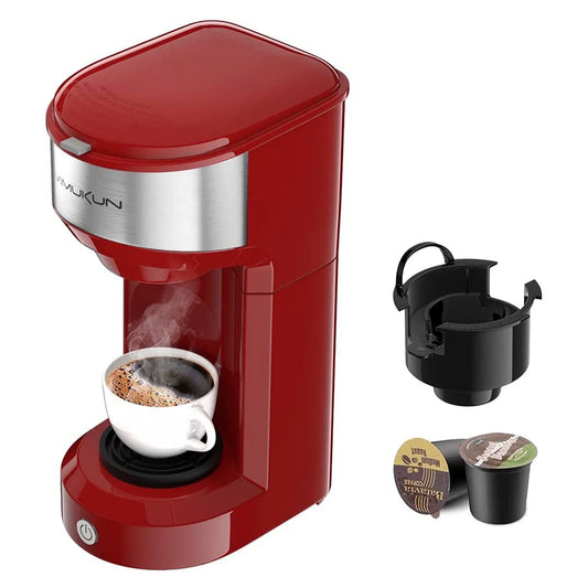 Brew Your Perfect Cup Anywhere with the Mini Single Serve Coffee Maker - Compatible with K-Cup Pods & Ground Coffee, 6 to 14 Oz, Stylish Red Design