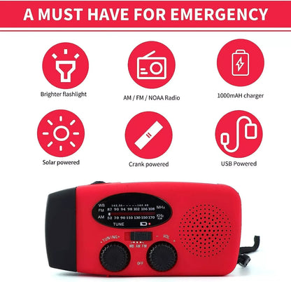 Emergency Radio with Crank, Solar Power, 1000mAh Power Bank and Flashlight - Essential Survival Gear