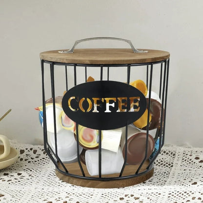 Stylish Black Wire Coffee Capsule Organizer with Wooden Base - Large Capacity K Cup Holder for Your Coffee Bar