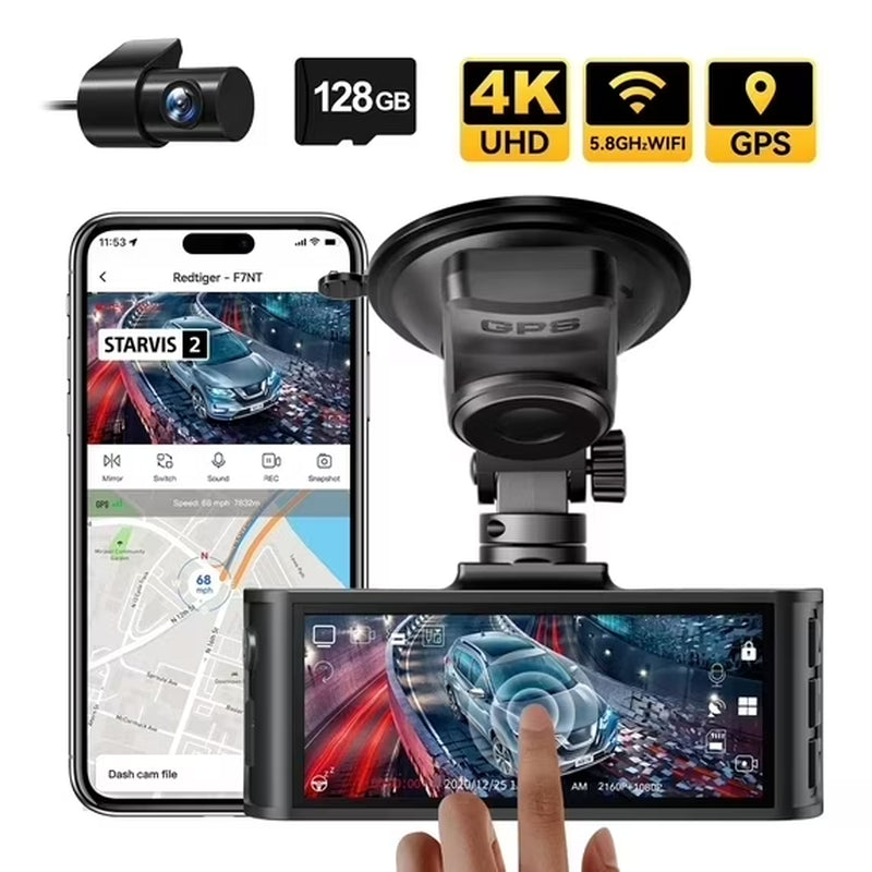 Experience Ultimate Protection with the Touch Screen 4K Dual Dash Cam - Front and Rear Cameras, Built-in GPS, WiFi, and Free 128GB Card!