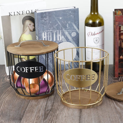 Stylish Black Wire Coffee Capsule Organizer with Wooden Base - Large Capacity K Cup Holder for Your Coffee Bar