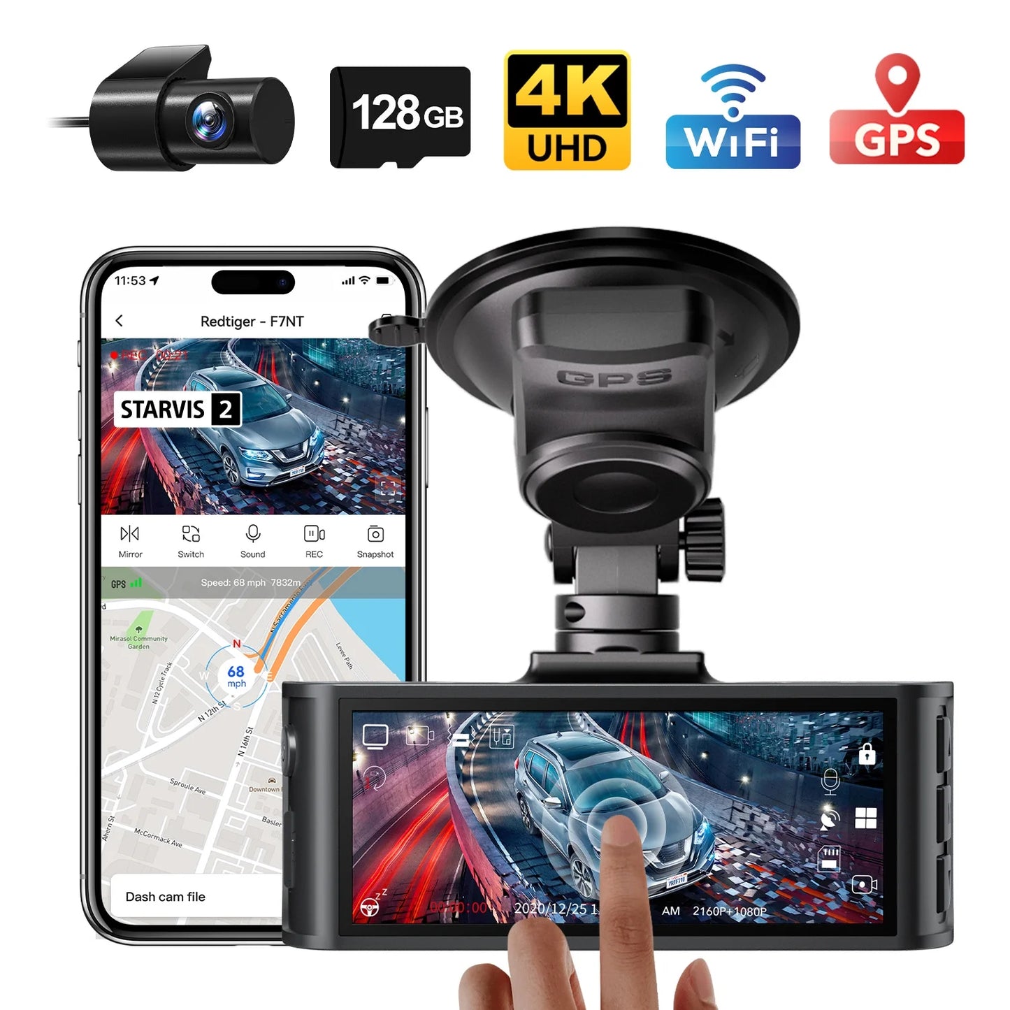 Experience Ultimate Protection with the Touch Screen 4K Dual Dash Cam - Front and Rear Cameras, Built-in GPS, WiFi, and Free 128GB Card!