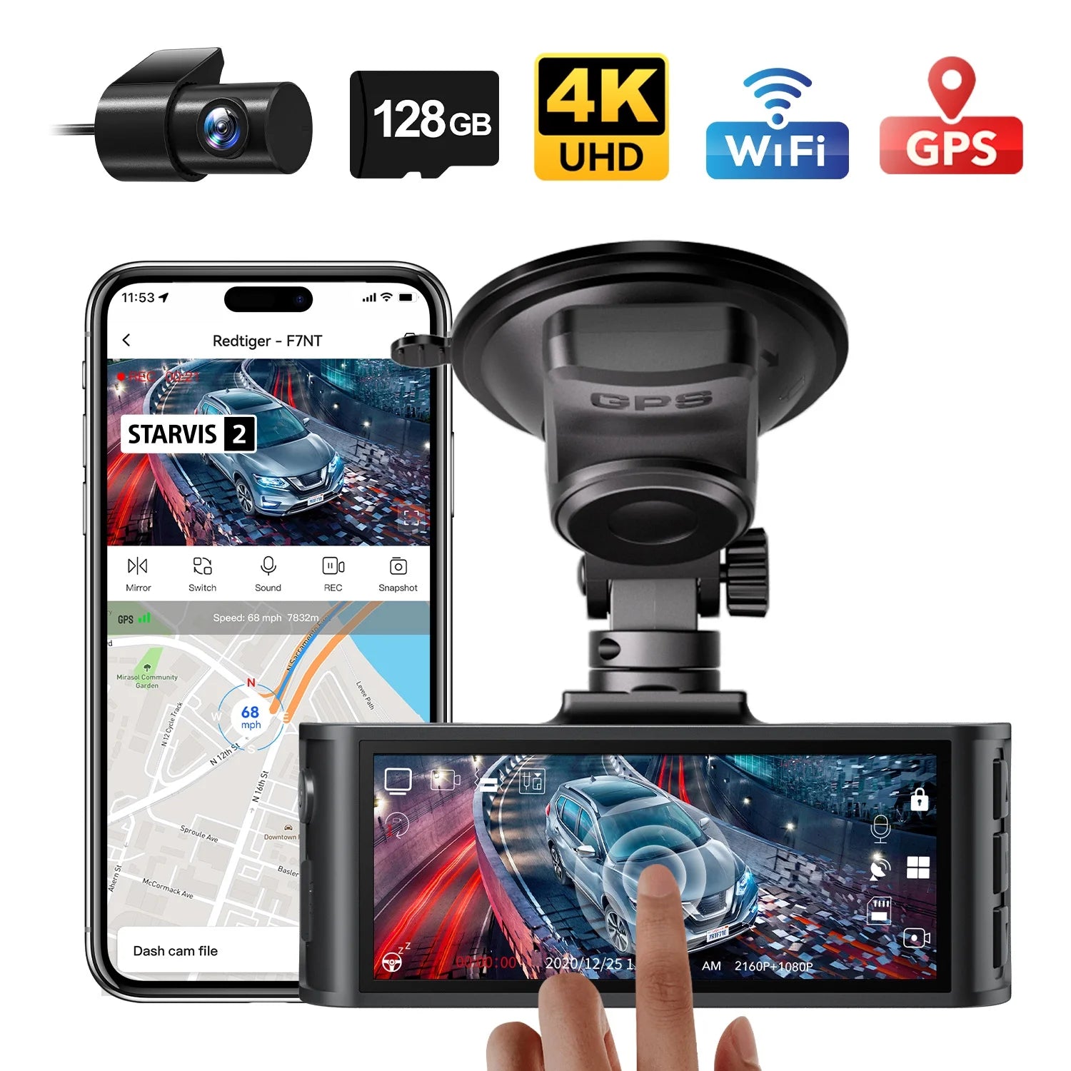Experience Ultimate Protection with the Touch Screen 4K Dual Dash Cam - Front and Rear Cameras, Built-in GPS, WiFi, and Free 128GB Card!