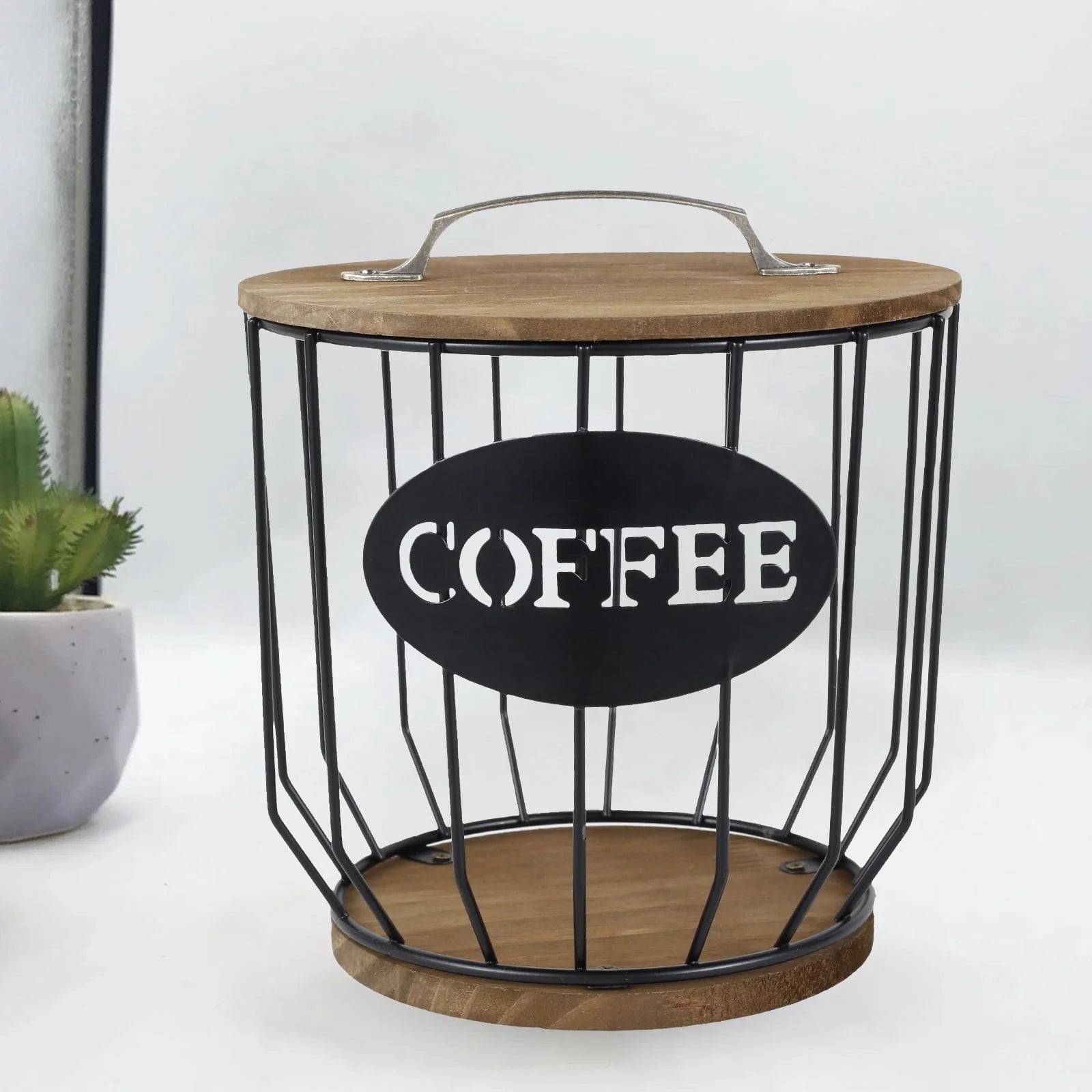 Stylish Black Wire Coffee Capsule Organizer with Wooden Base - Large Capacity K Cup Holder for Your Coffee Bar