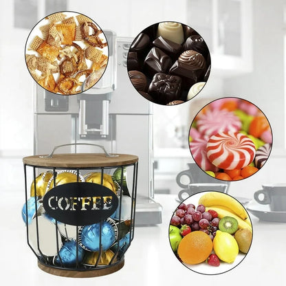 Stylish Black Wire Coffee Capsule Organizer with Wooden Base - Large Capacity K Cup Holder for Your Coffee Bar