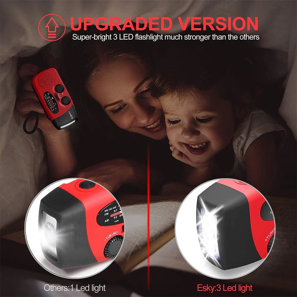 Emergency Radio with Crank, Solar Power, 1000mAh Power Bank and Flashlight - Essential Survival Gear