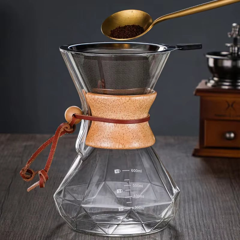 Elevate Your Coffee Experience with the Diamond-Shaped Hand Brewed Glass Coffee Percolator - 400ml Sharing Pot