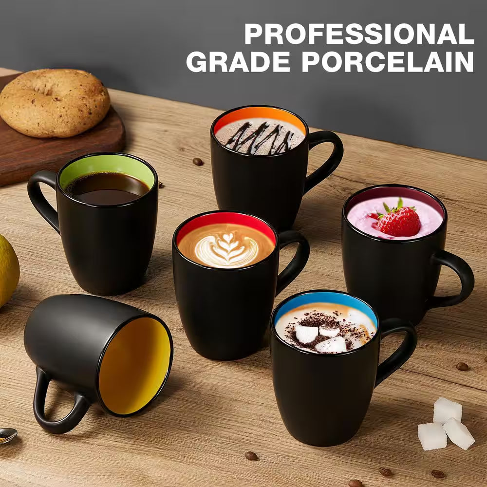 Elegant 6 Pack Matte Black Porcelain Coffee Mugs - Perfect for Coffee, Tea, and More