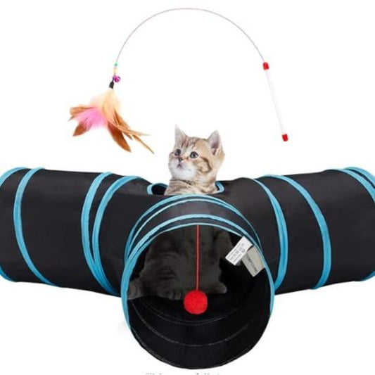 Exciting 3-Way Collapsible Cat Tunnel with Peek Hole and Toy Ball - Perfect for Kittens and Small Pets!